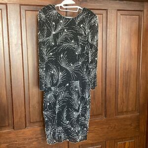 Vintage 80’s Moon Stars Bead 100% Silk Black Sheer 3/4 Sleeve Open Back Dress 12